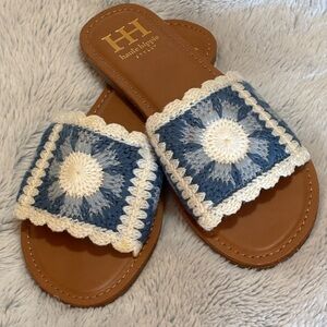 Haute Hippie Rianne Crochet Slide Sandals in Tan and Blue, size 6.5